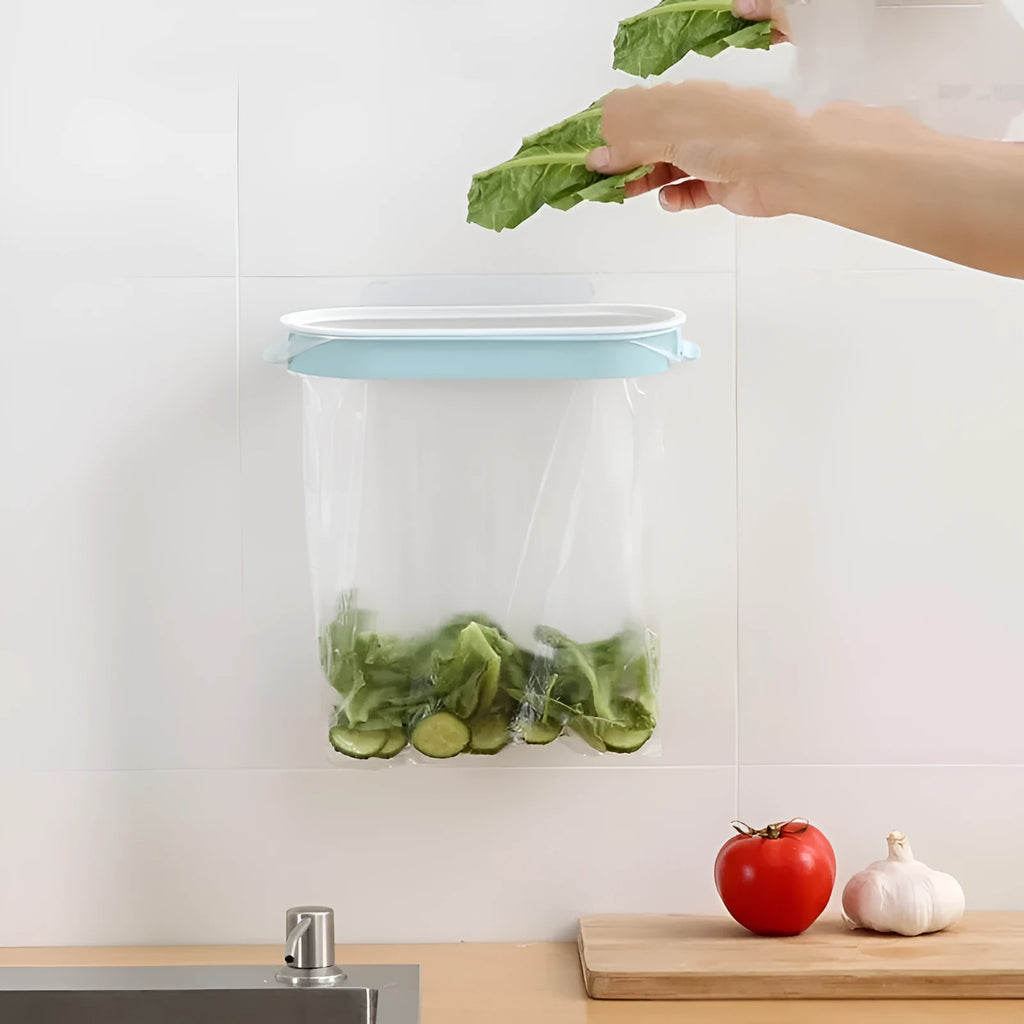 A blue plastic storage rack designed to hold a roll of kitchen bin bags.