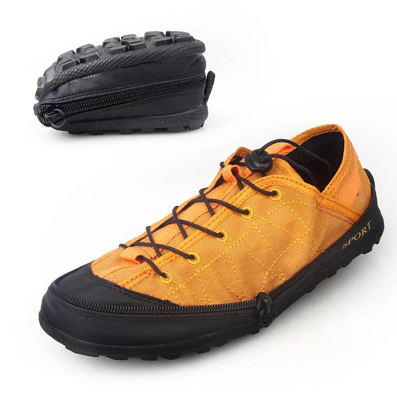 Folding outdoor hiking shoes with mesh upper and side zipper in orange, black and grey colour options