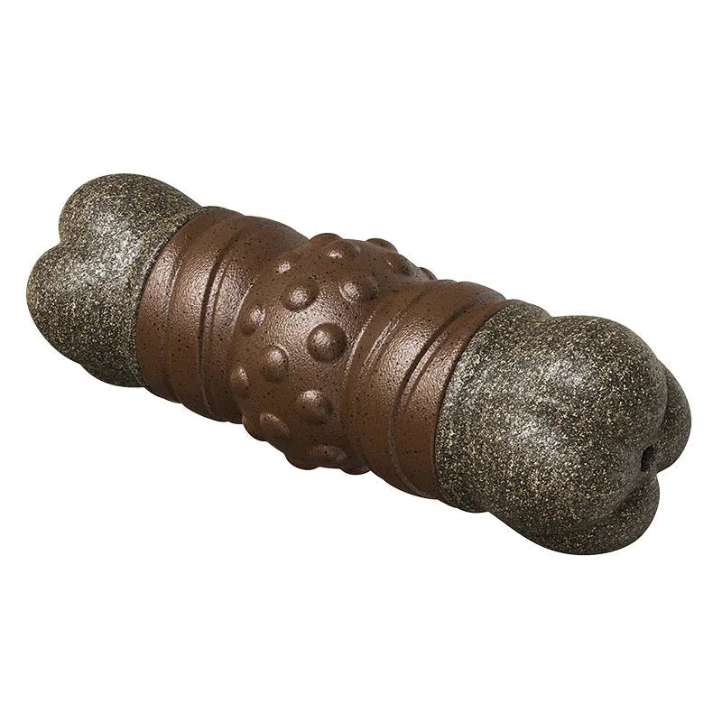 Wood colour plastic bone-shaped dog dental chew toy with textured surfaces for teeth cleaning
