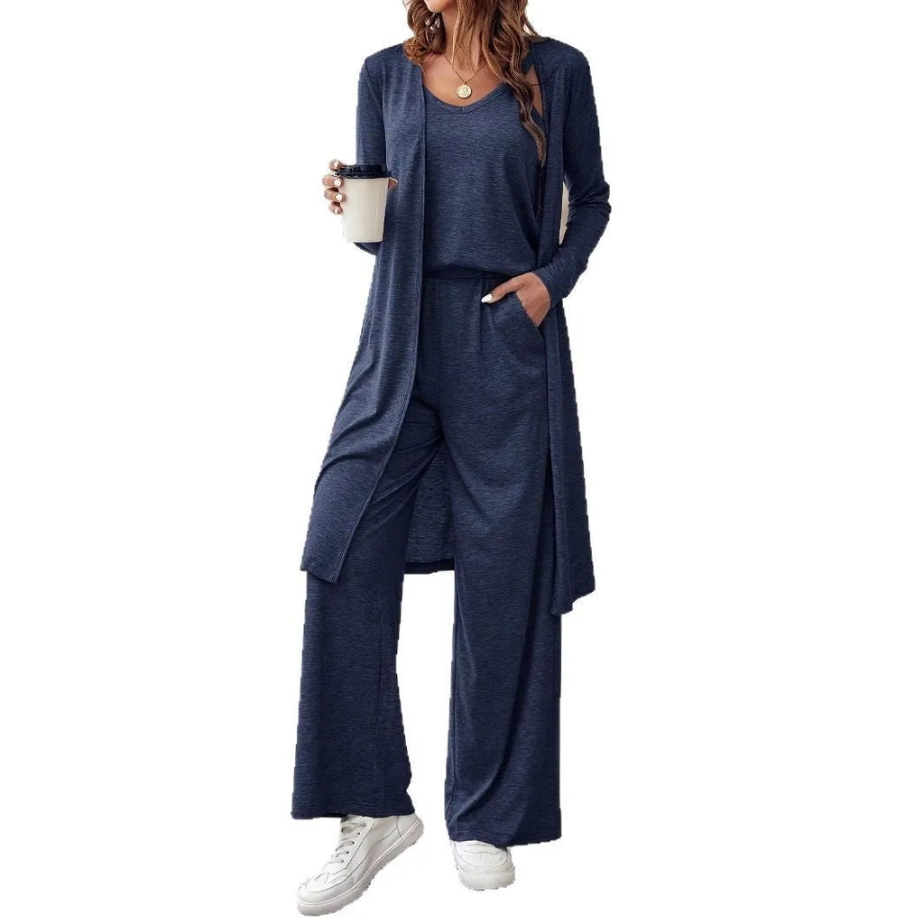 Blue women's three-piece suit with sling top, cardigan trousers and detachable suspenders