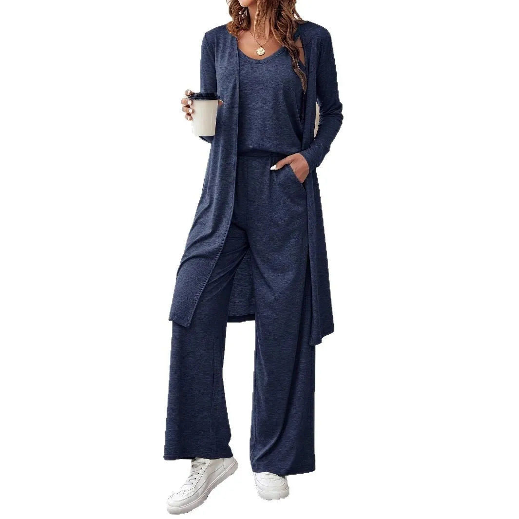 Blue women's three-piece suit with sling top, cardigan trousers and detachable suspenders