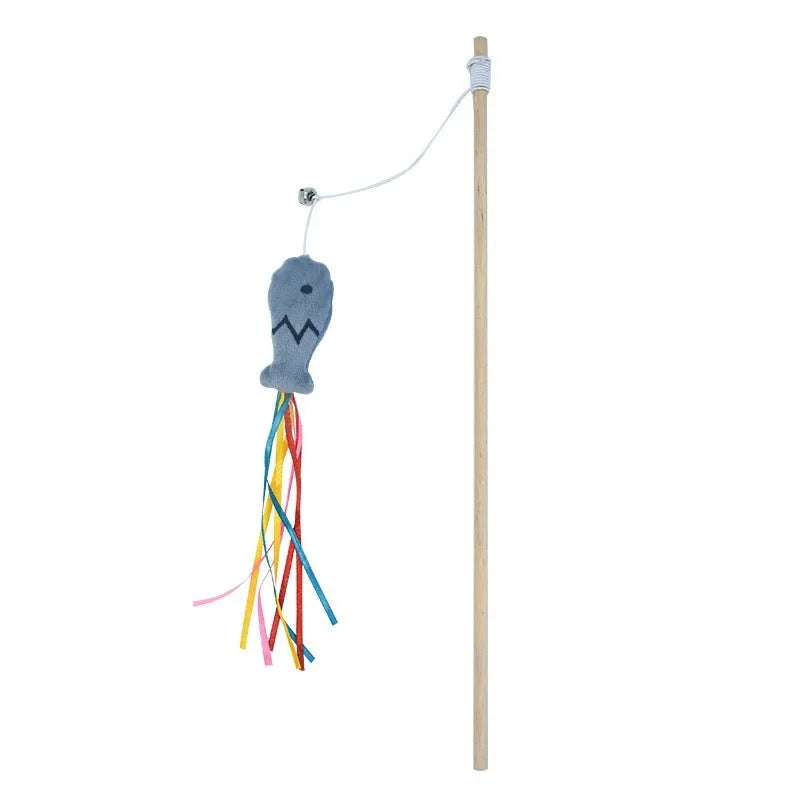 Wooden handle cat wand toy with catnip fish, colourful ribbons and bell attachment