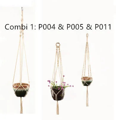 Cotton rope woven wire plant basket shown in desktop, wall hanging, and hanging basin styles.