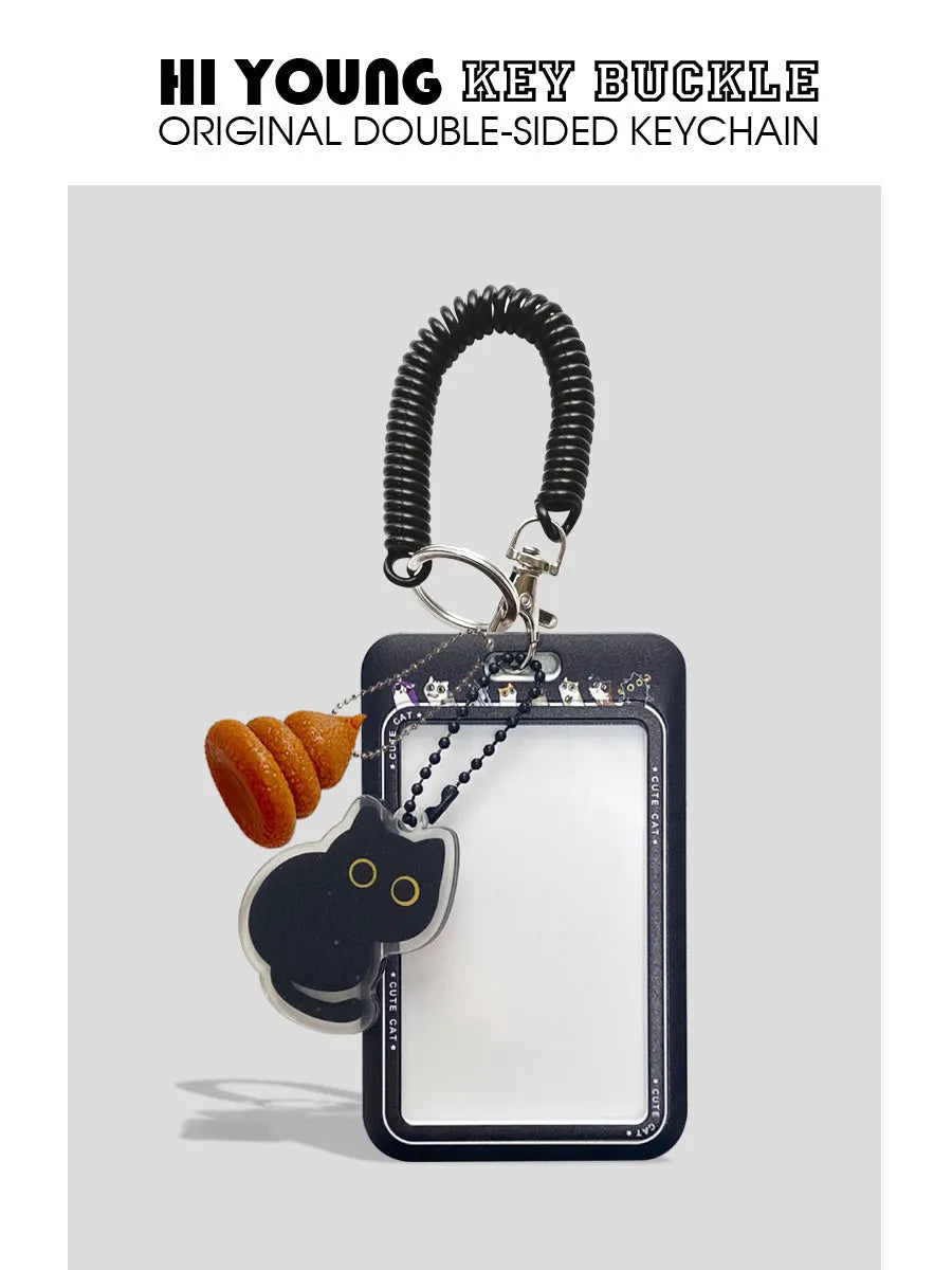 Cute black cartoon cat design plastic card holder with a metal ferrule pendant attached