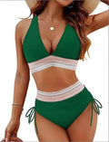 Women's high waisted colour block bikini swimsuit set with drawstring.