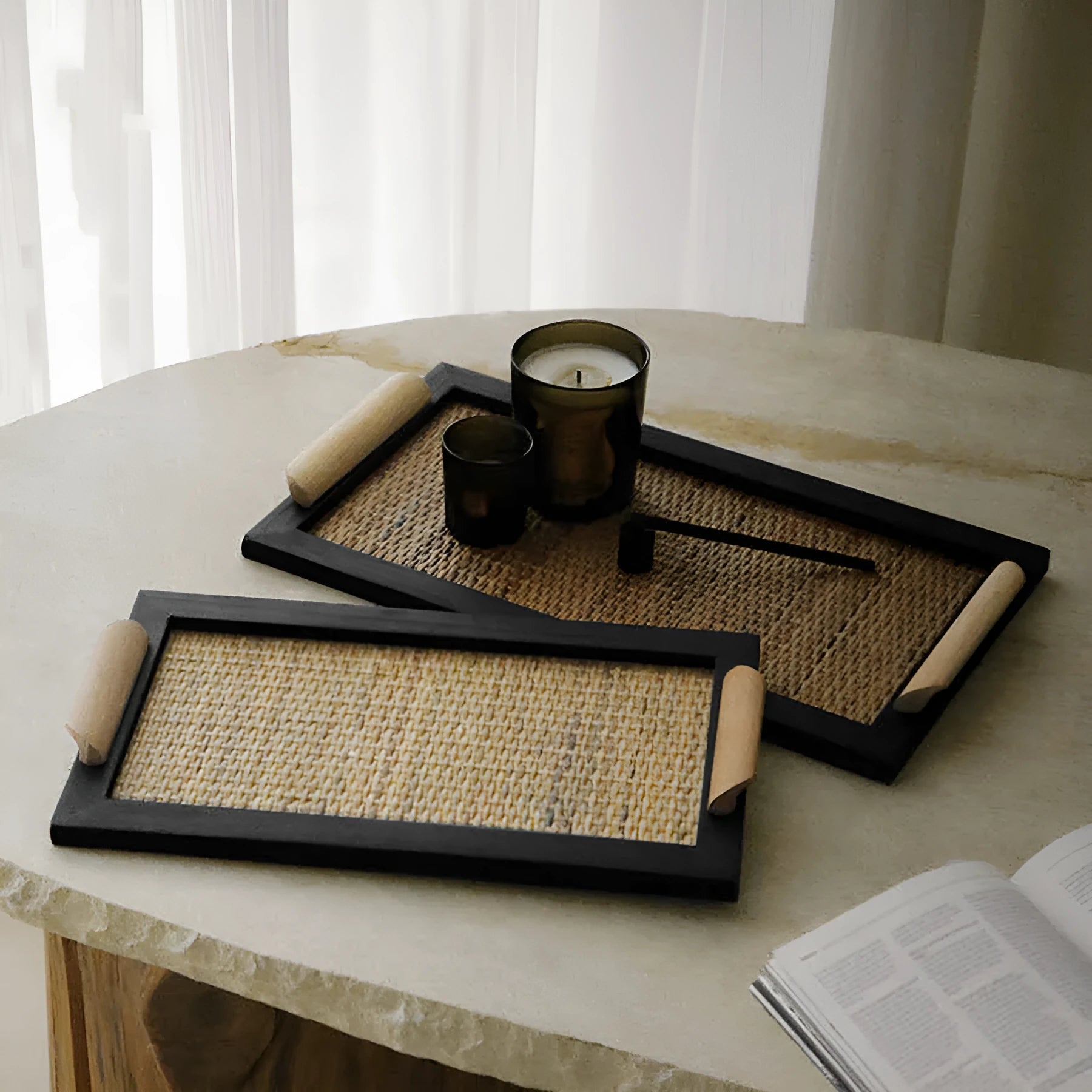 Pine wood dining tray with multiple compartments shown in large and small size options.