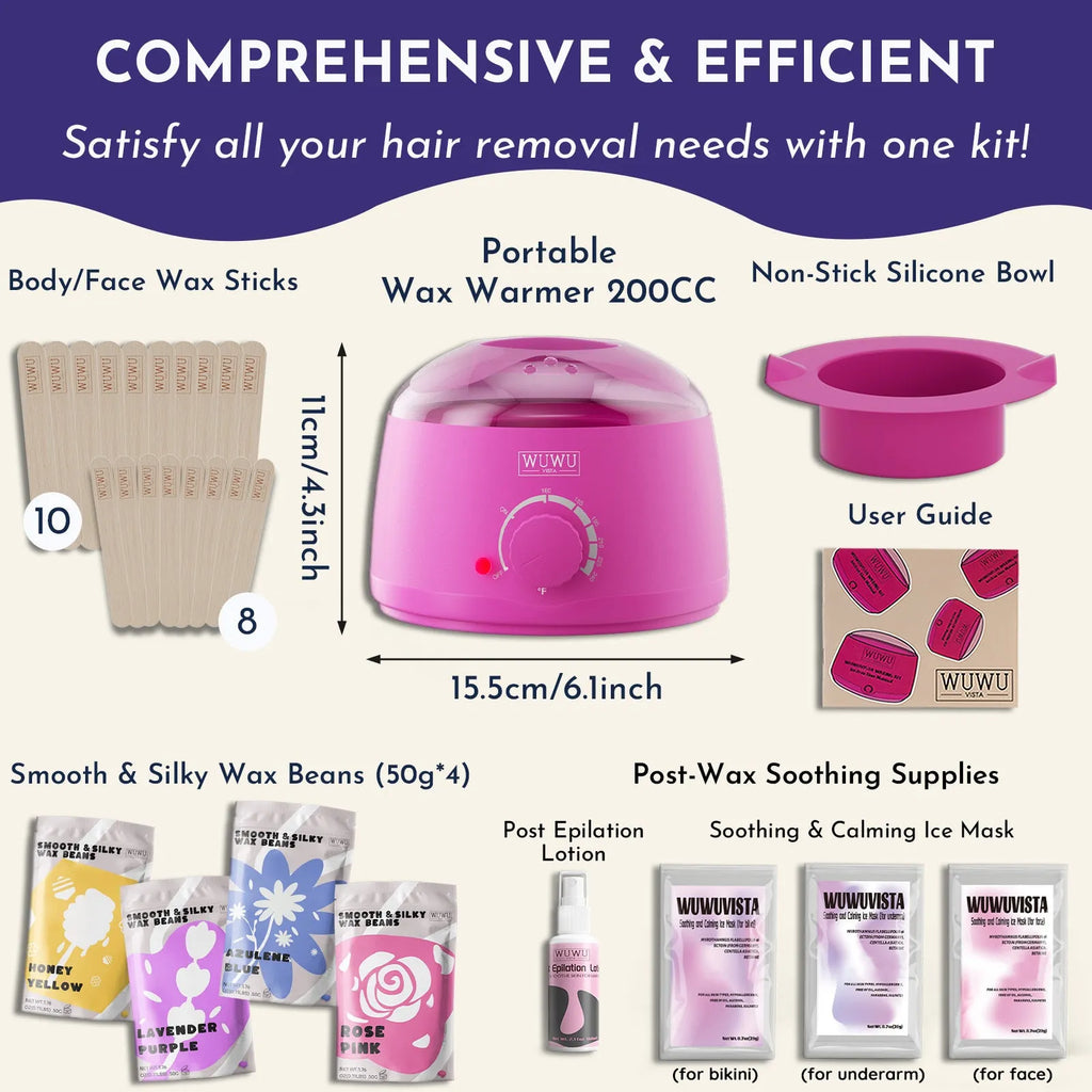 29-piece hard wax hair removal kit with compact warmer and four aroma wax beads