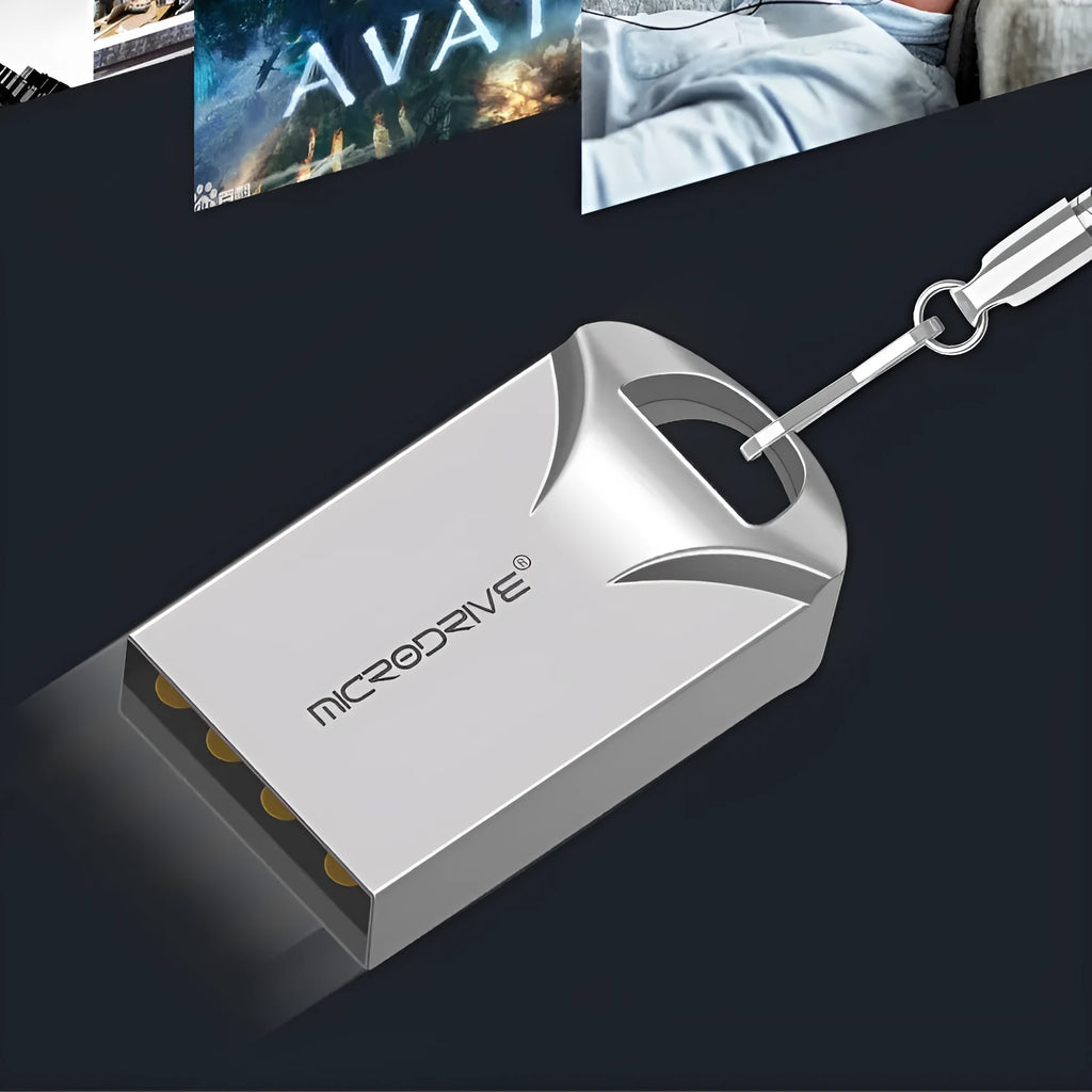 Mini metal USB flash drive in black and silver colours showing compact size