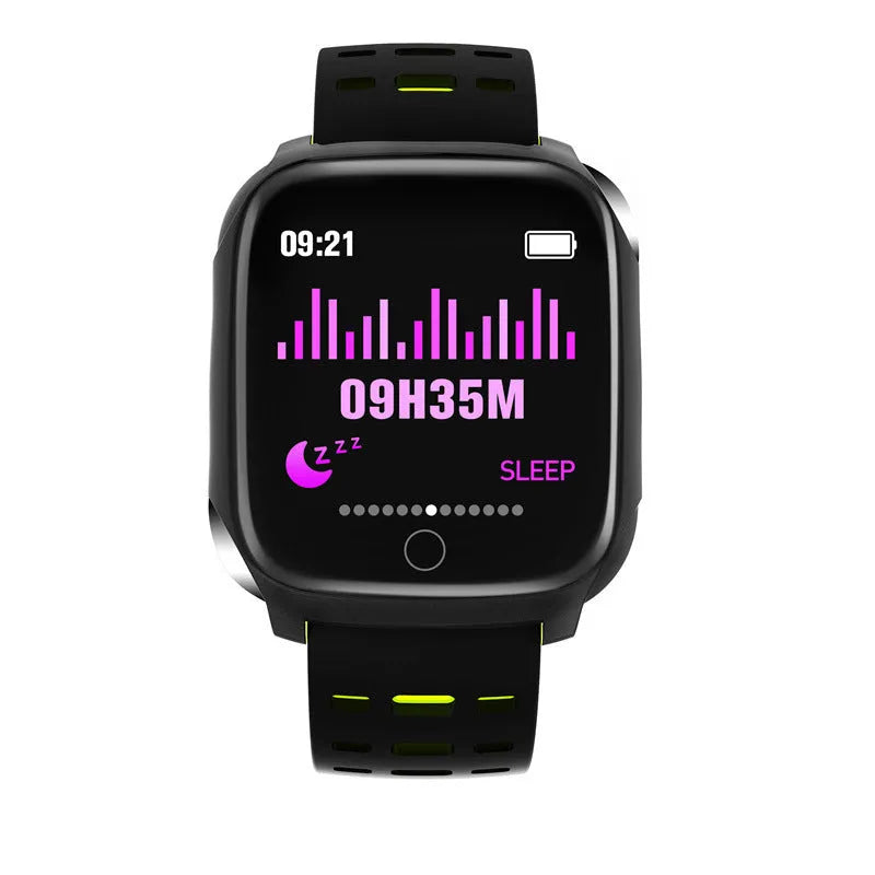 F16 smart watch with ECG monitor on wrist, showing black green silicone band and 43mm IPS display.