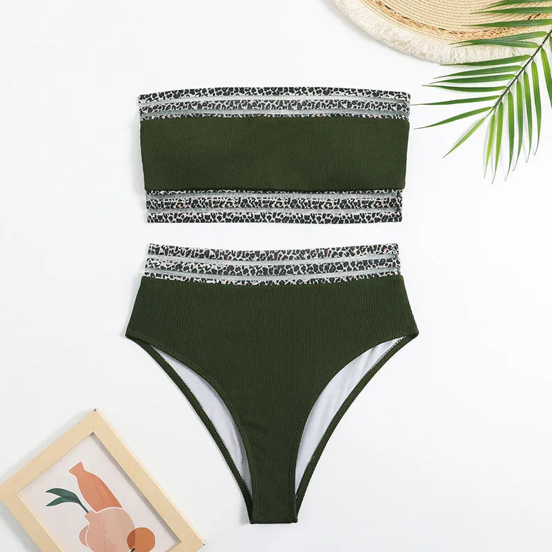 Black leopard print strapless women's bikini set with matching bra and shorts