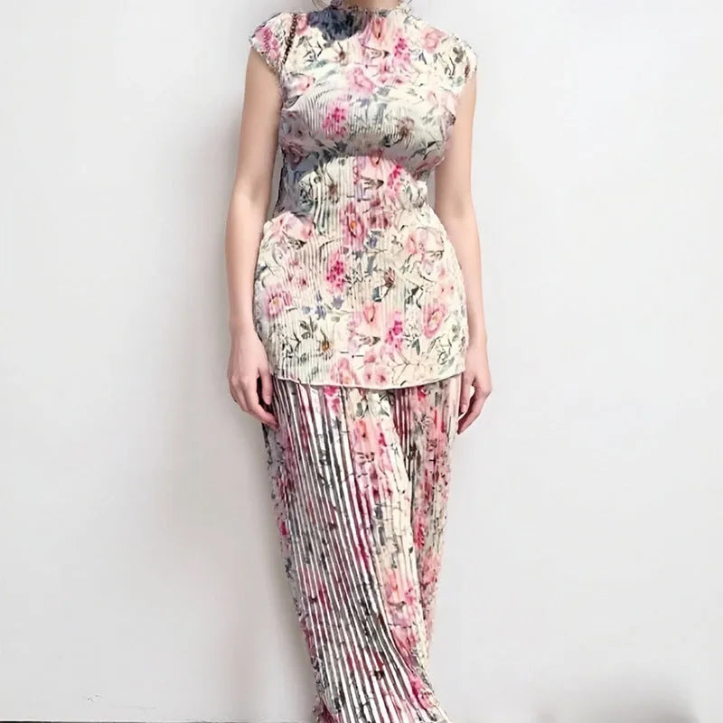 Long sleeve floral print chiffon top and high-waist skirt two-piece dress set on a hanger