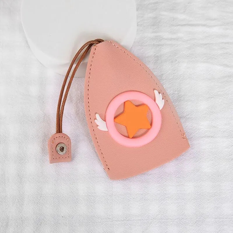 Cartoon-themed PU leather car key case with pull-out mechanism measuring 14x7.5 cm