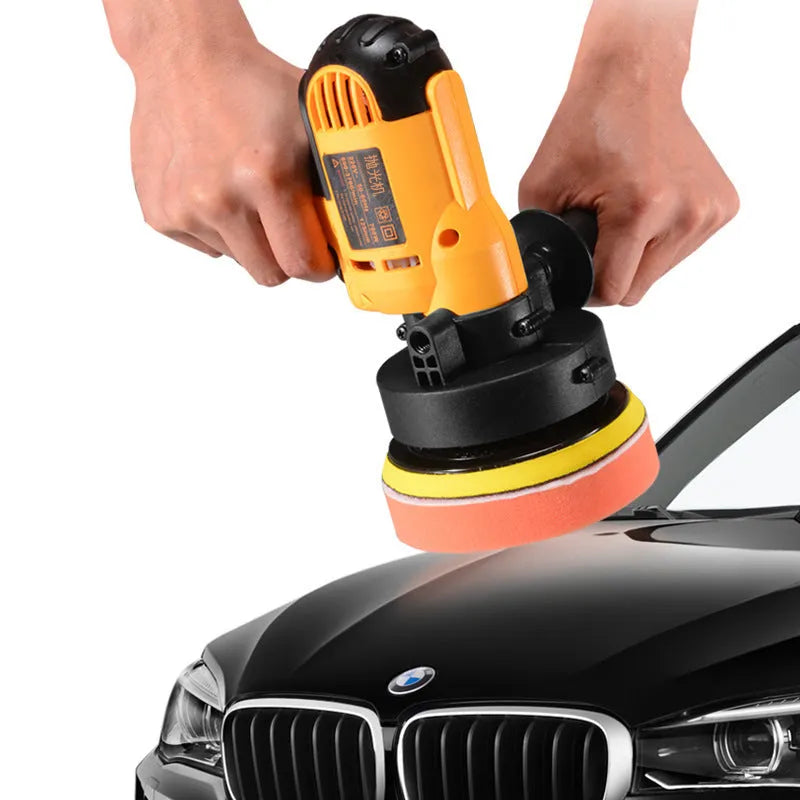 Yellow automotive polishing machine with 125mm disc diameter and copper metal plastic construction