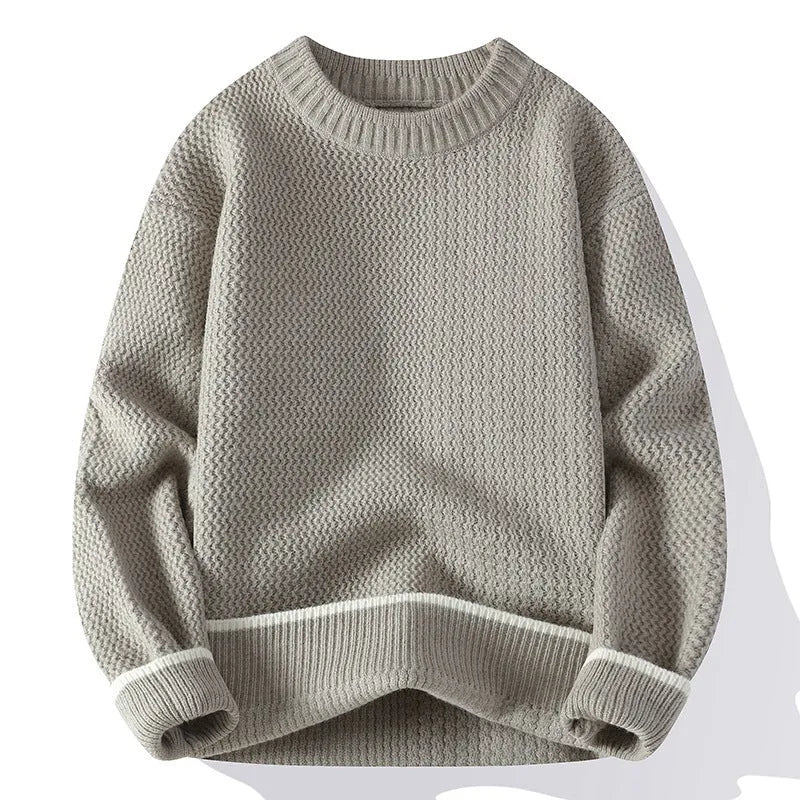 Grey men's loose fit round neck long sleeve pullover sweater for casual autumn wear.