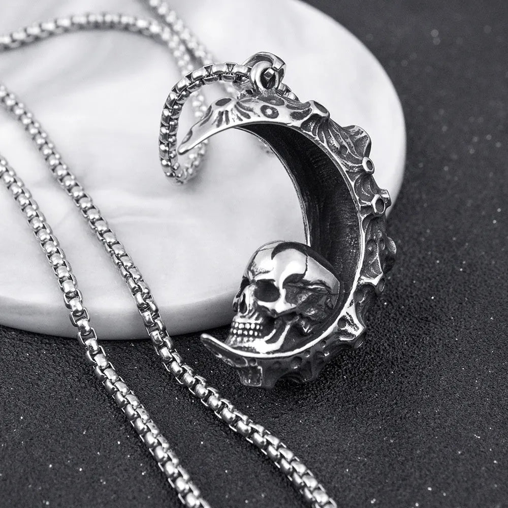 Men's silver skull pendant necklace on stainless steel chain with six design options