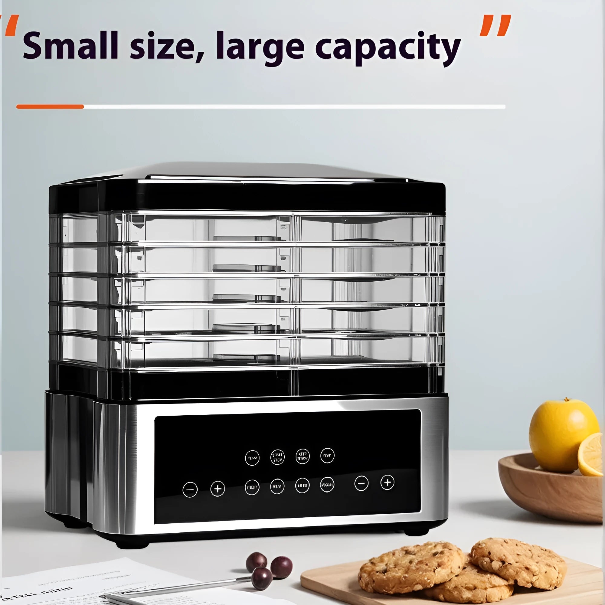 Silver stainless steel household fruit dehydrator with 14 litre capacity and temperature control dial