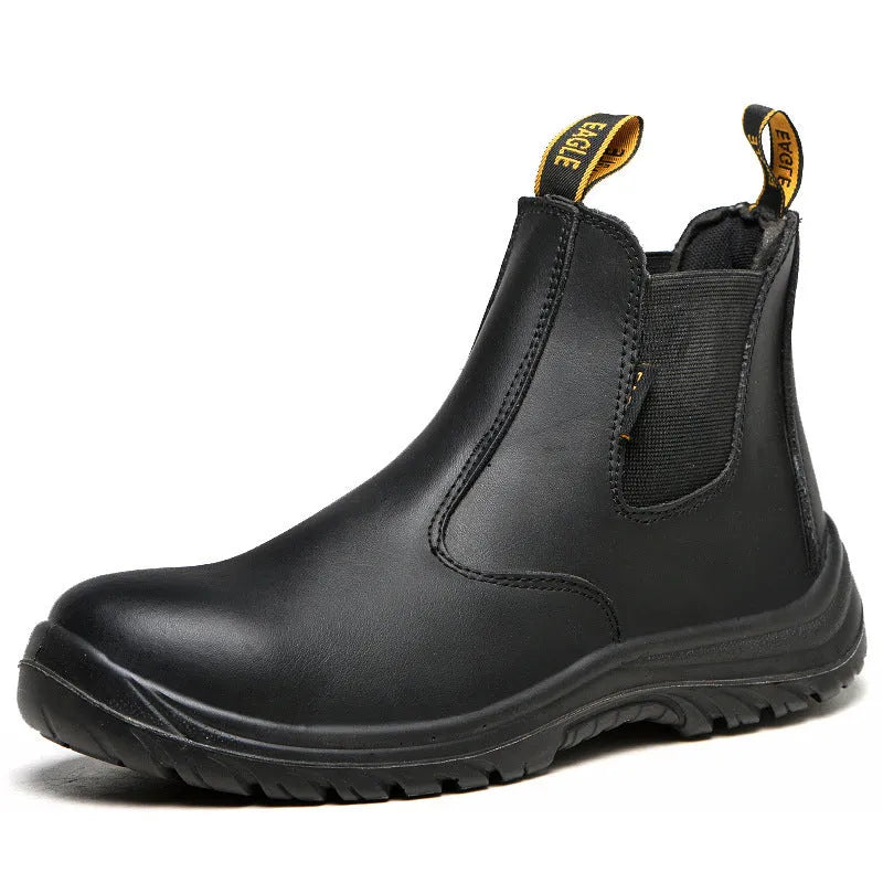 Black leather safety shoes with high-top design and anti-piercing protection