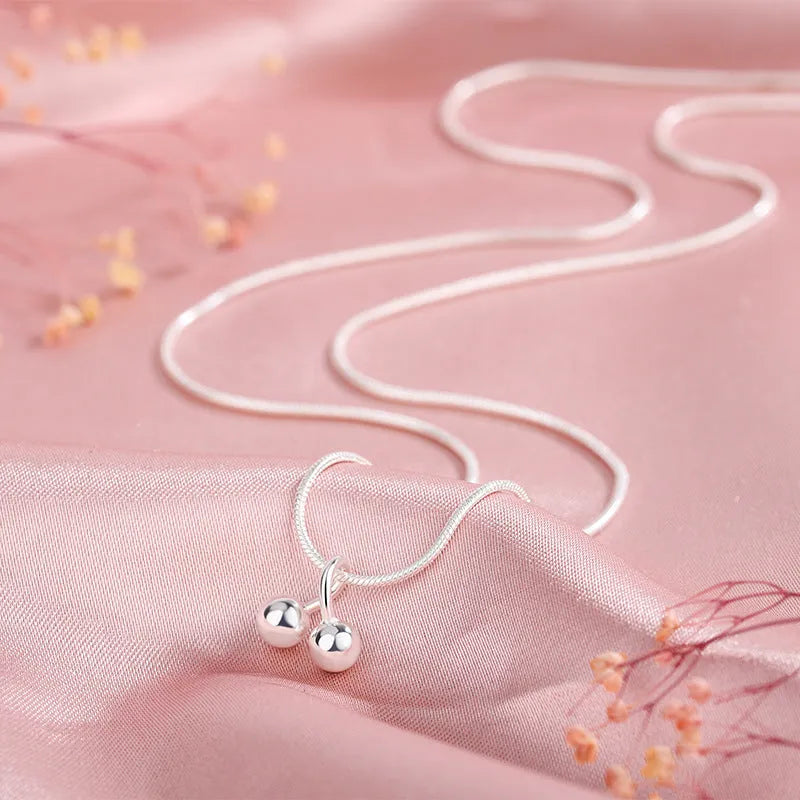 Silver cherry necklace with 925 silver fruit pendant on adjustable snake bones chain