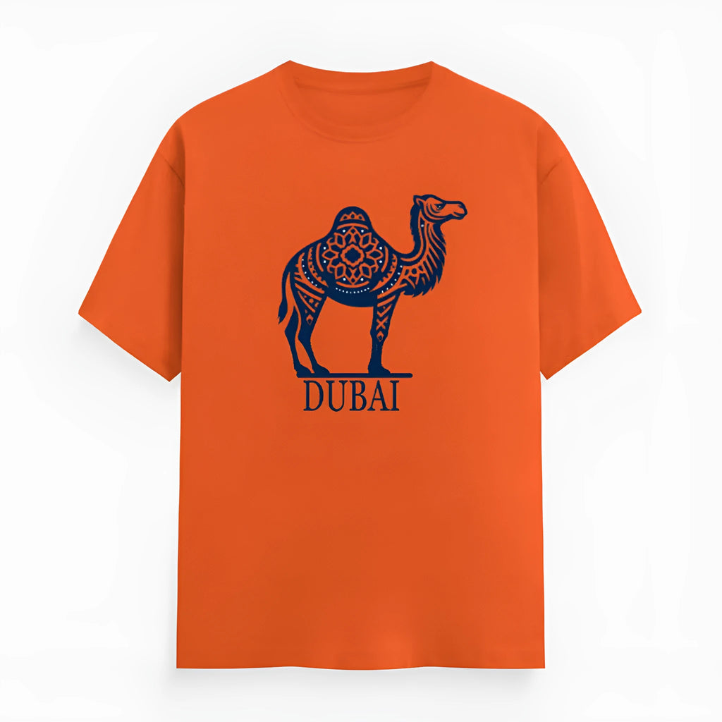 Orange loose fit cotton T-shirt with short sleeves and round neck on a hanger