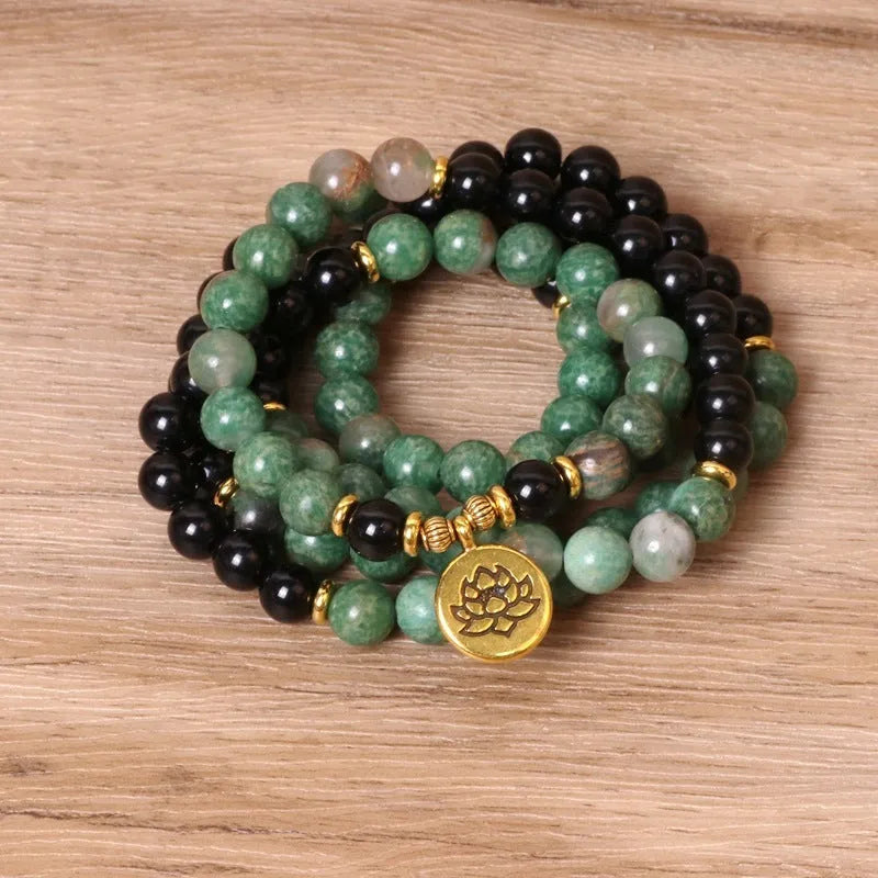 Green and black elastic beaded long bracelet made from alloy in natural style