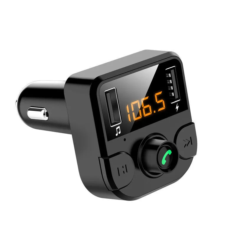 Black BT36B car MP3 Bluetooth player with display, plugged into a car cigarette lighter socket.