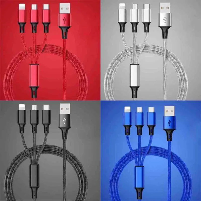 Braided 3-in-1 universal USB data cable in multiple colours, showing iPhone, Android, and Type-C connectors.