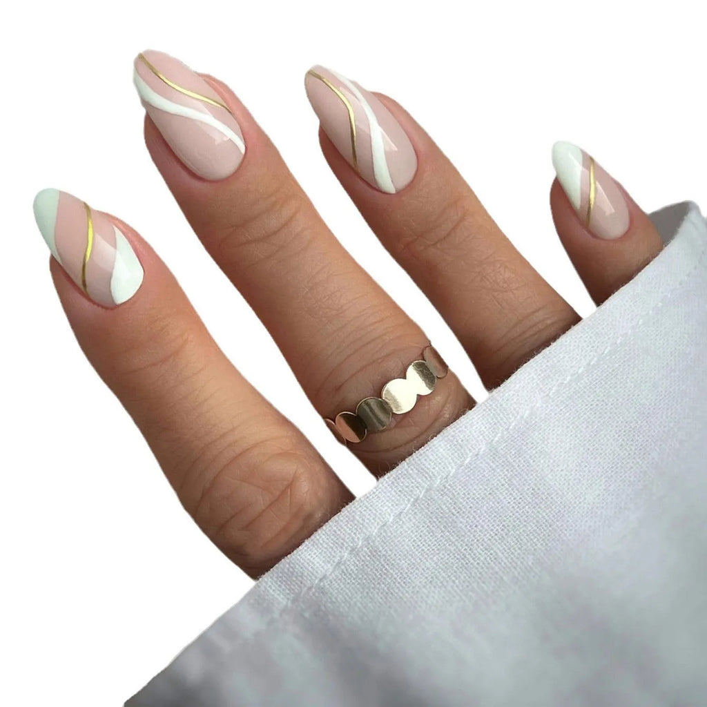 Golden Lines plaid pattern wearable nail stickers in JF0518 jelly glue colour, medium drop shape
