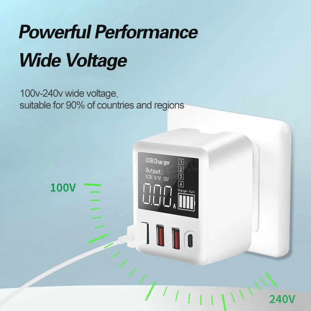 White 4-port QC3.0 and Type-C fast travel charger with optional British plug