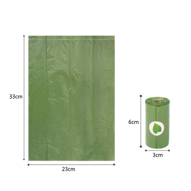Rolls of green, black, blue, purple, and orange EPI degradable pet poo bags with a plastic dispenser.