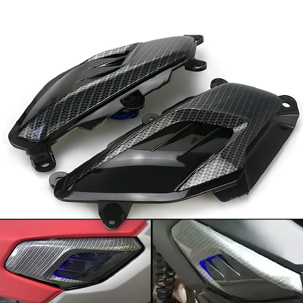 Yamaha NMAX LED side lamp replacement with carbon fibre decoration and blue/red lighting options