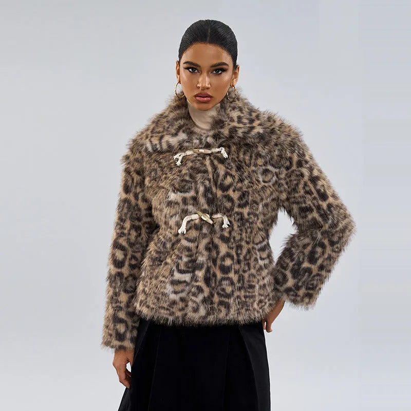 Women's leopard print coat with buckle lapel detail in polyester fabric