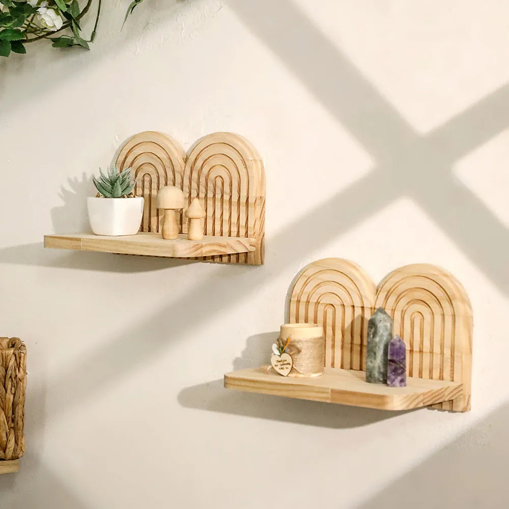 Solid wood multi-layer wall rack holding flower pots in a tiered pendant design