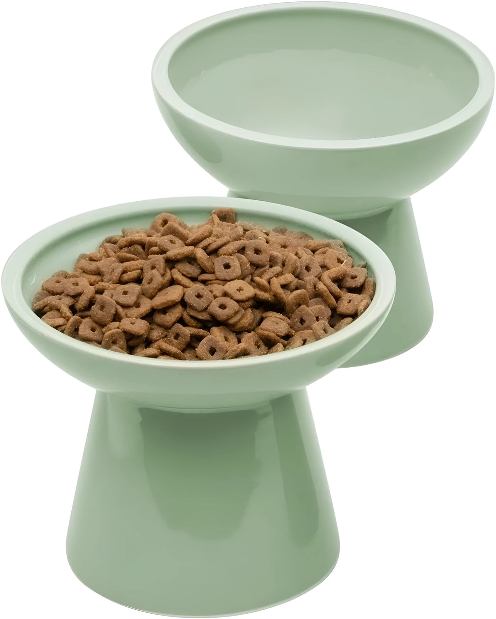 Wide shallow blue elevated ceramic bowl for cat food and water on a floor