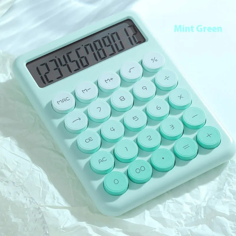 Desk calculator with gradient colour design in violet, pink, blue, or green on a white background.