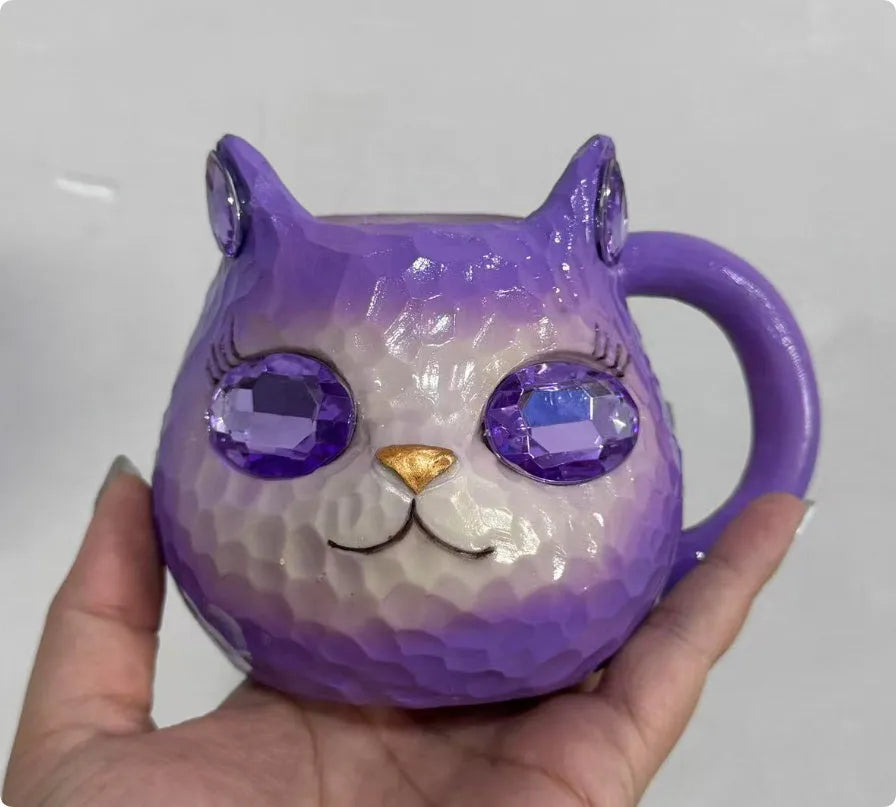 American style cat-shaped resin drinking cup in blue, green, pink, and purple colour options.