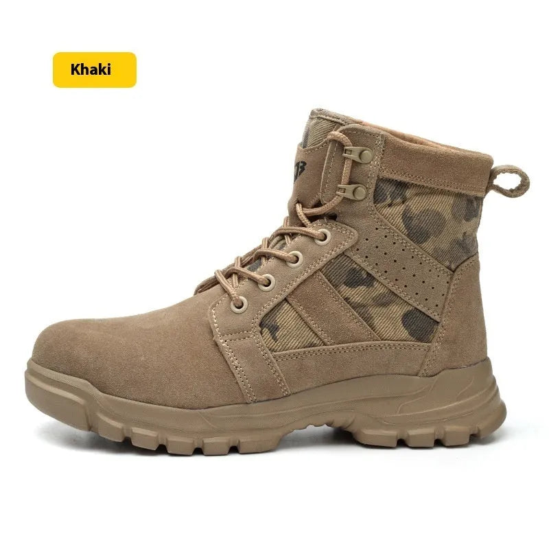 Khaki coloured high-top suede combat boots with a steel toe cap and front lace-up closure.