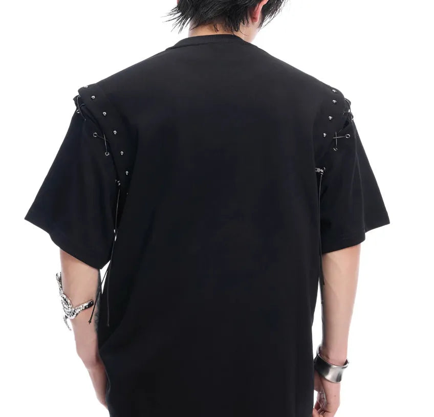 Men's black short sleeve t-shirt with lace-up cutout design detail on the front.