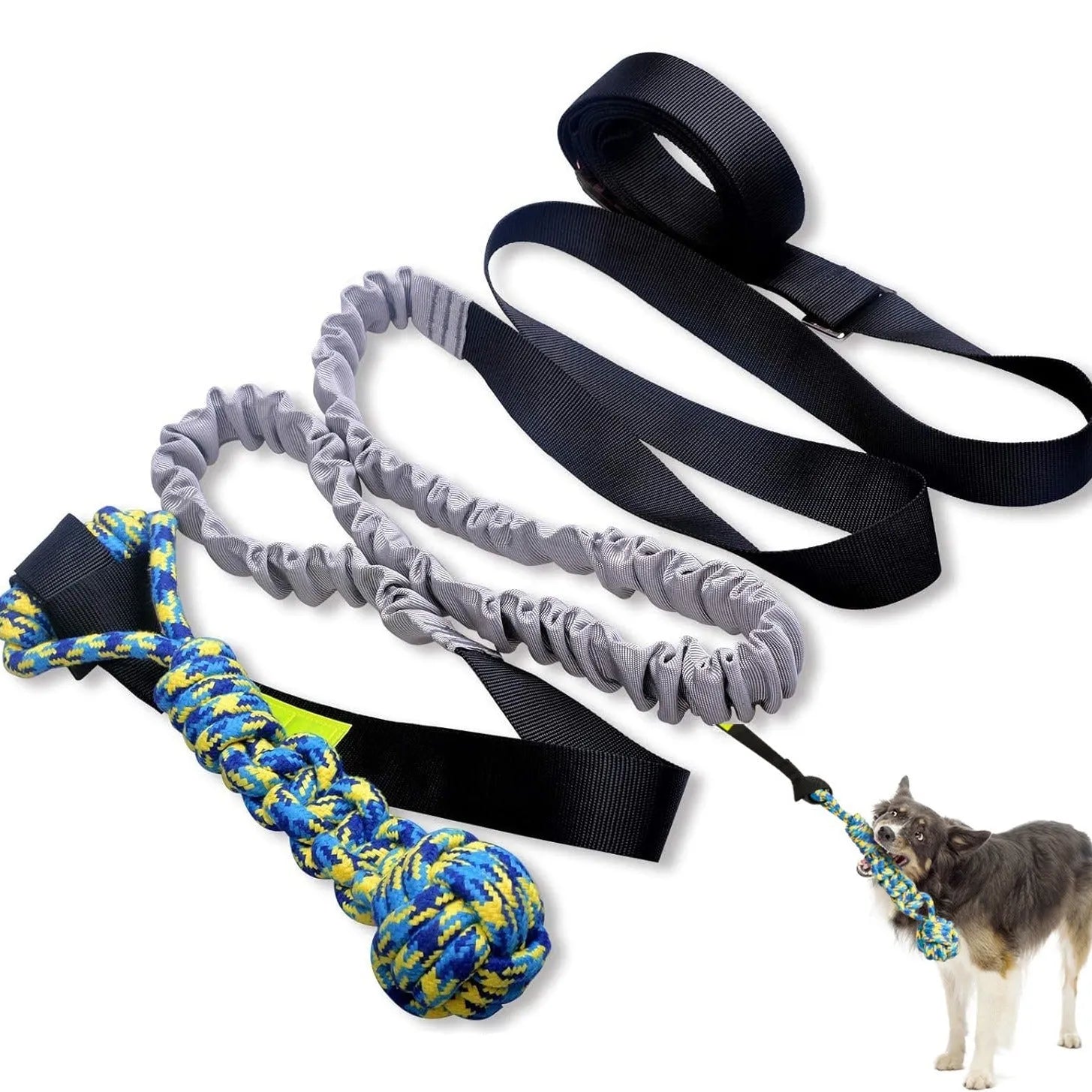 Green cotton rope dog toy with ball for tug of war and fetch games.