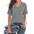 Grey loose fit V-neck T-shirt with front pocket, short sleeves
