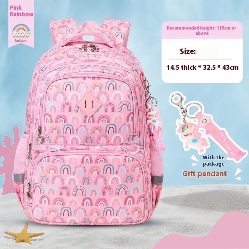Blue children's waterproof school backpack with dinosaur print and curved shoulder straps
