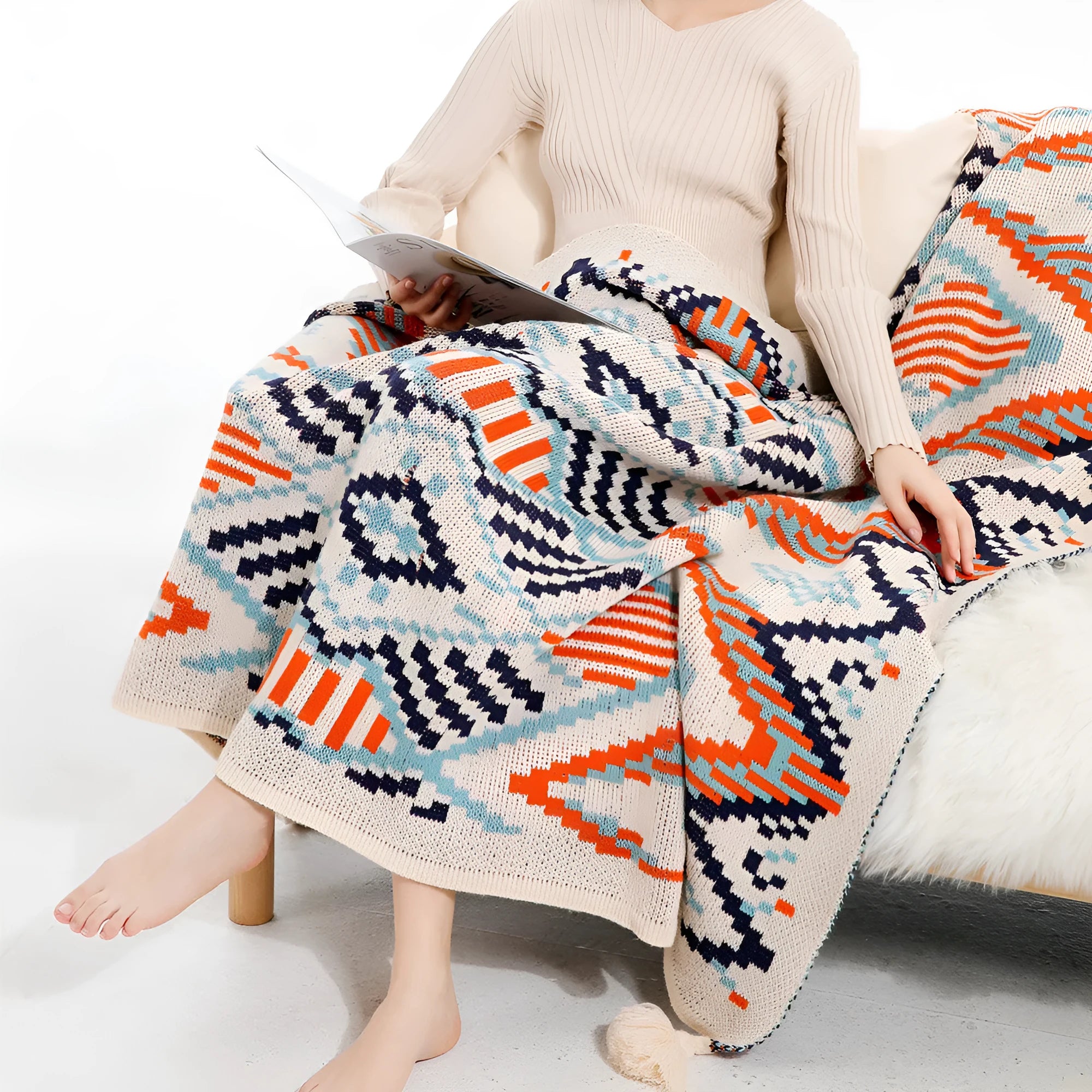 Bohemian-style acrylic sofa cover blanket with tassel fringe in geometric pattern