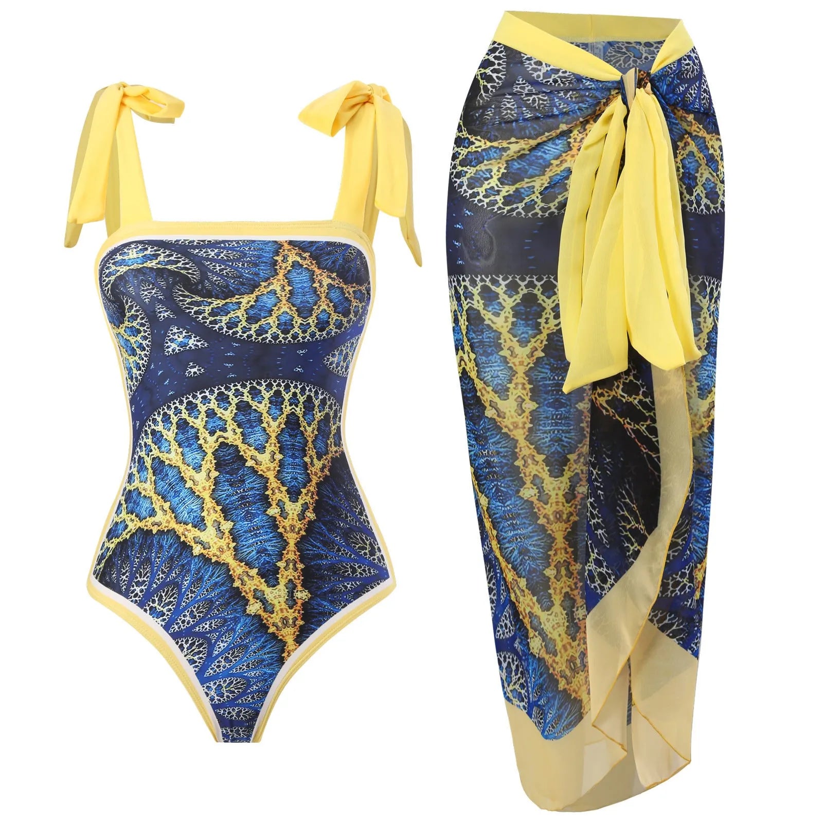 Women's retro one-piece swimsuit with chiffon skirt in floral pattern