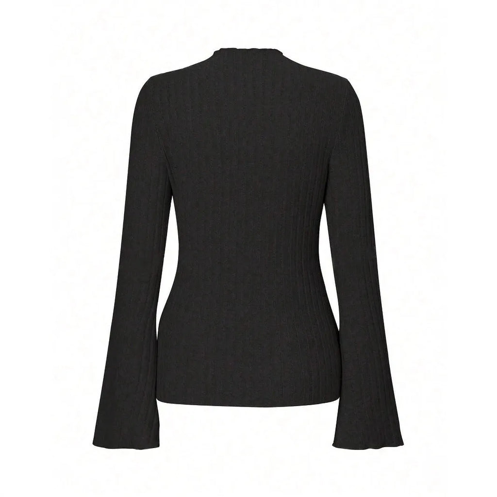 Men's black long sleeve pullover top with lantern sleeves and a sunken stripe pattern on the fabric.