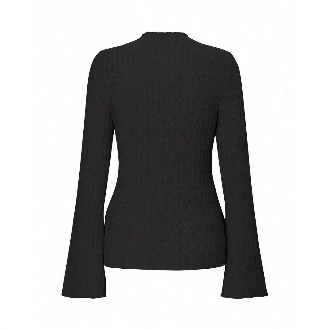 Men's black long sleeve pullover top with lantern sleeves and a sunken stripe pattern on the fabric.