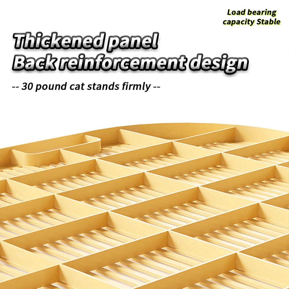 Milk yellow plastic cat litter mat with anti-slip silicone feet measuring 40 x 40.5 cm