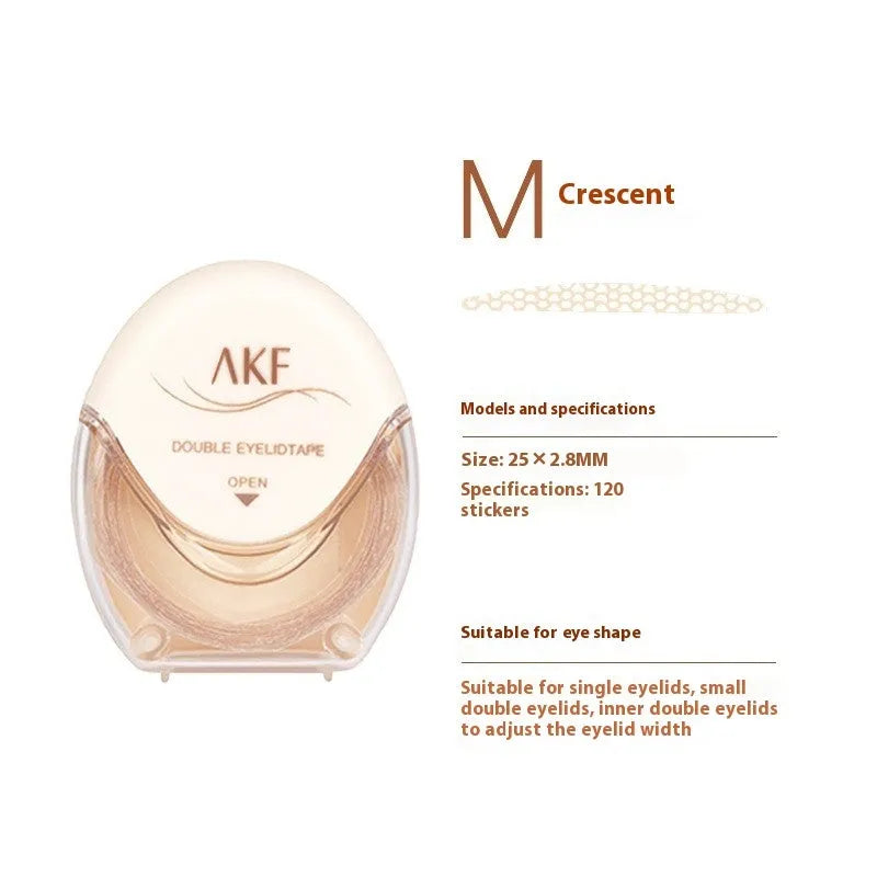 Roll of 120 clear lace double eyelid stickers in crescent and olive M shapes on skin.