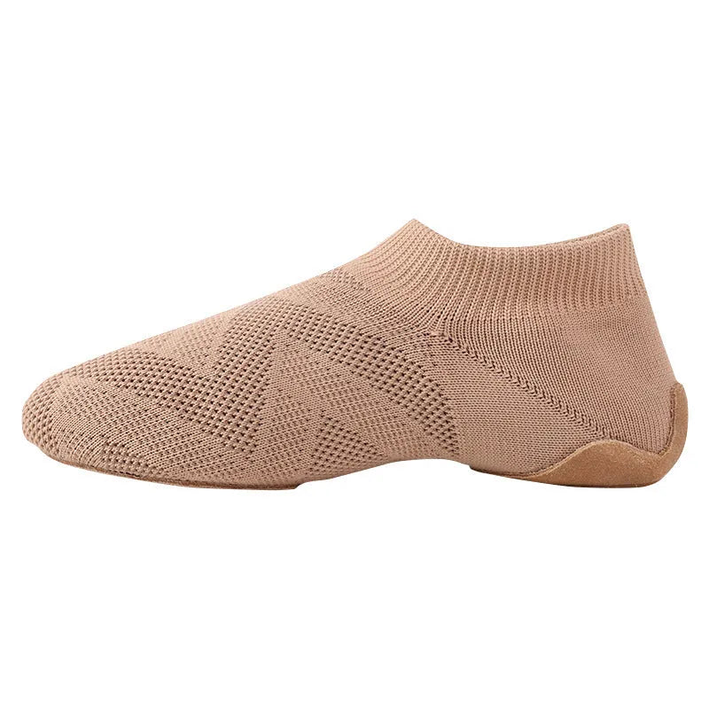 Camel coloured Latin dance shoes with cotton mesh upper and leather sole.