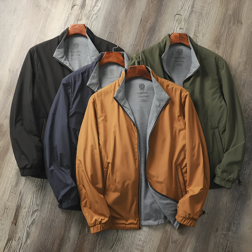 Men's simple stand collar jacket in polyester blend, shown in army green colour.
