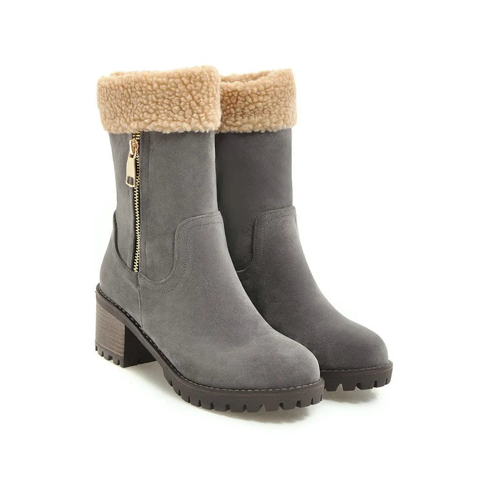 Snow boots in black, grey, green, or orange with a short plush lining and rubber insole