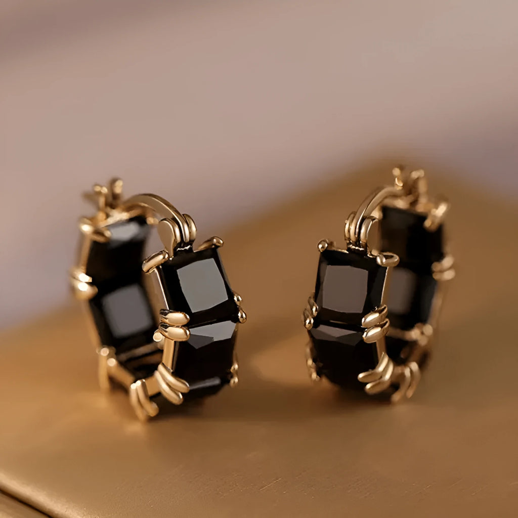 Geometric U-shaped women's earrings with round crystal zirconium stones in gold electroplated copper setting